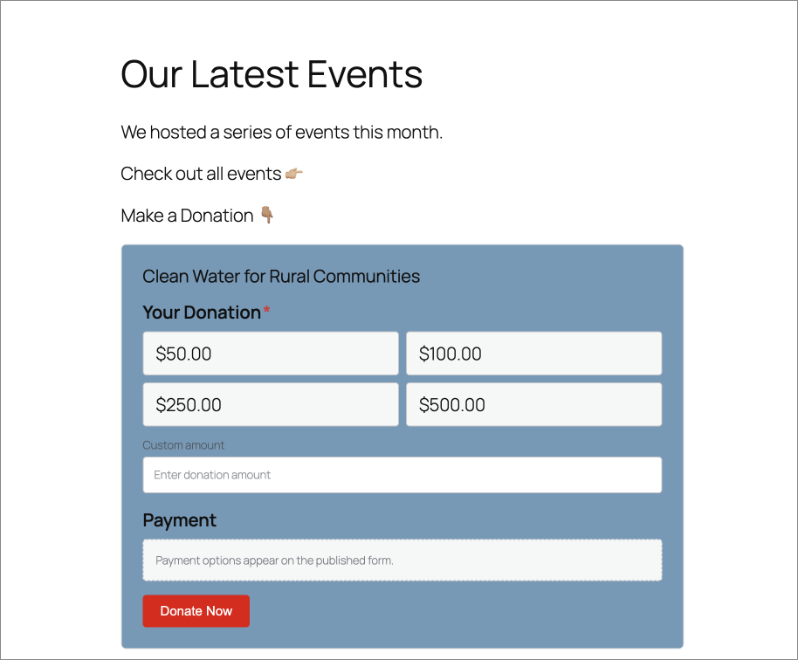 A styled Donation Form block embedded directly in a WordPress post, with a blue form container and a red Donate Now button matching the page's color scheme.
