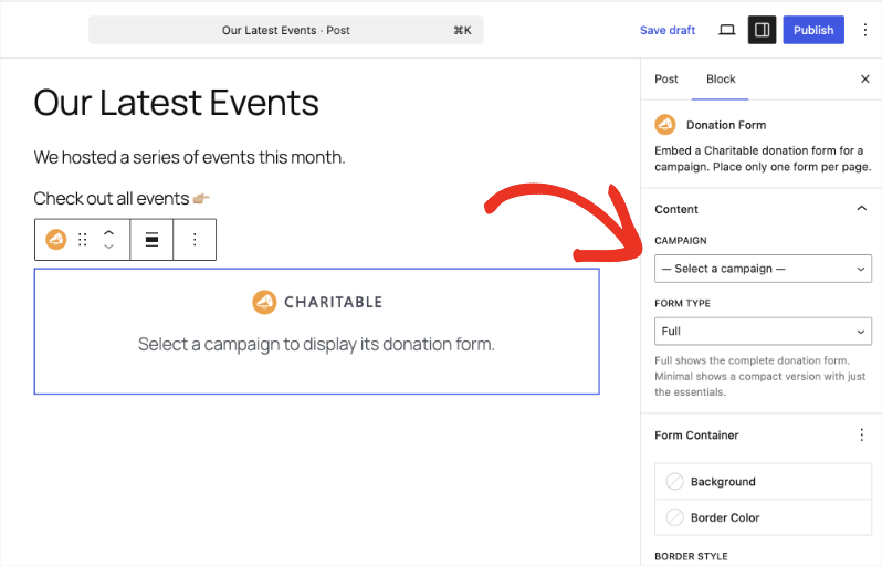 Selecting a campaign from the Campaign dropdown in the Donation Form block settings.