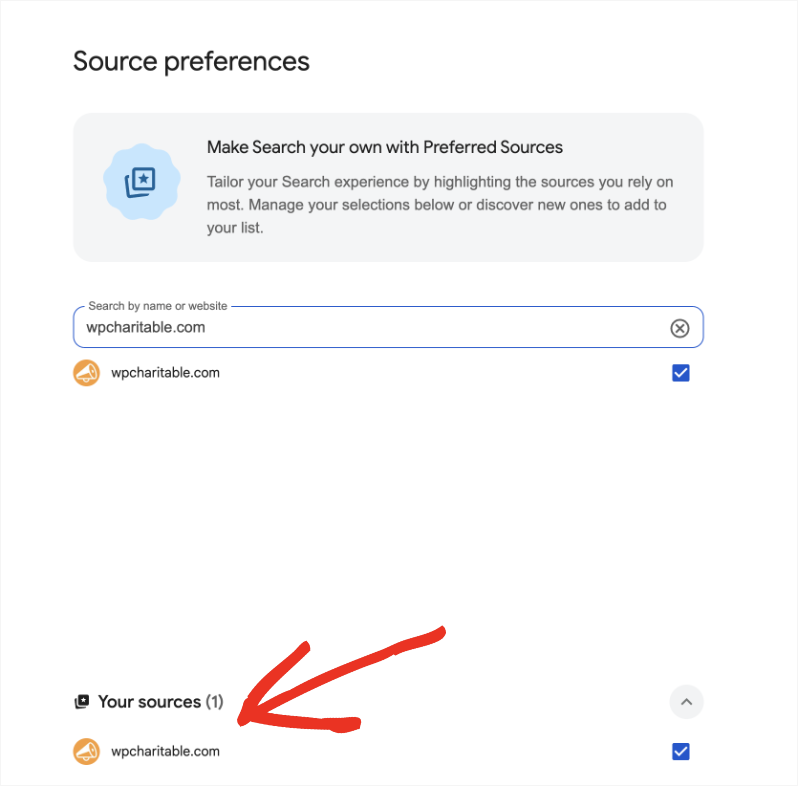 Source preferences screen with a search box for sources; wpcharitable.com listed with a checked box under Your sources (1).