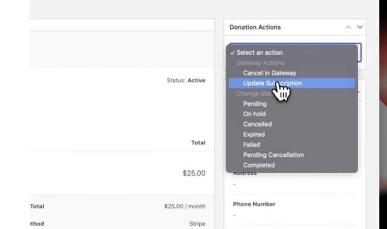 update subscription in rd | Charitable Donation Actions panel with a cursor selecting 'Update Subscription' from the action list.