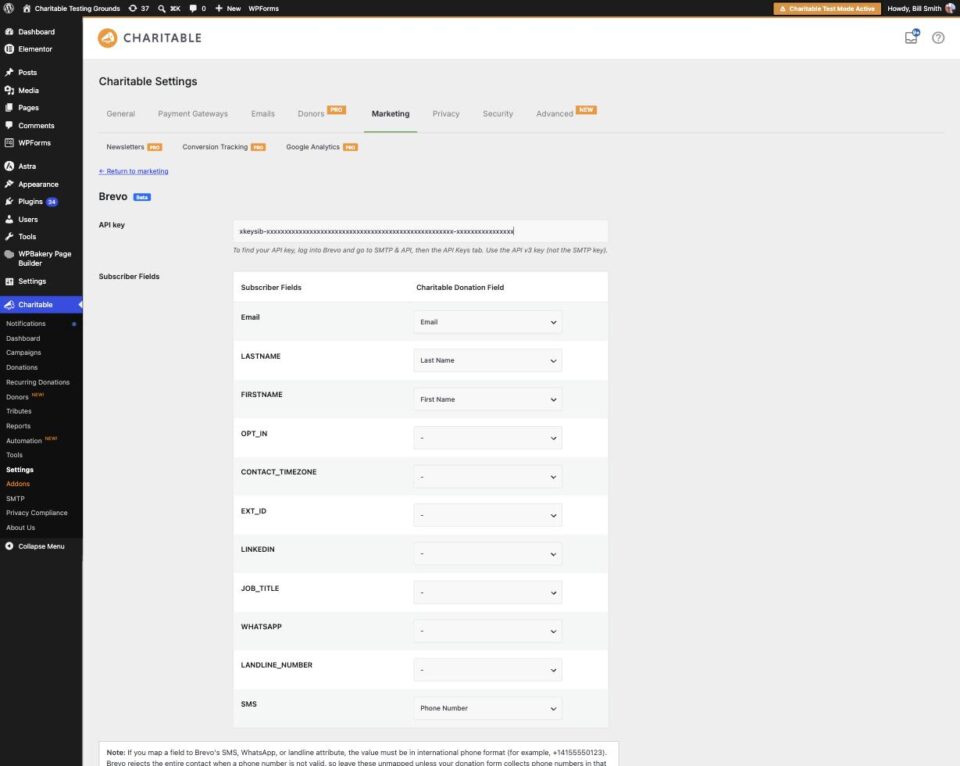 Charitable Marketing Settings page showing Brevo API key and subscriber field mappings in a WordPress dashboard