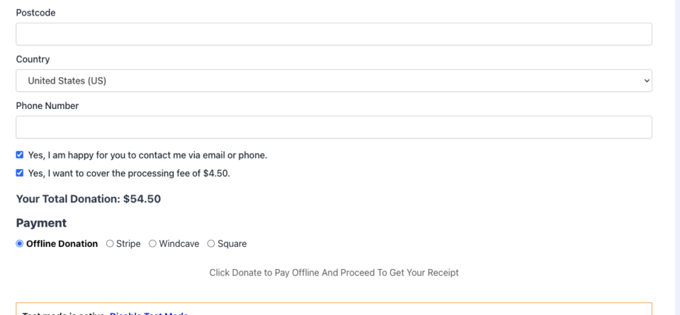 Donation form with postcode, US country, phone field, two checked consent boxes, total .50, Offline Donation selected.