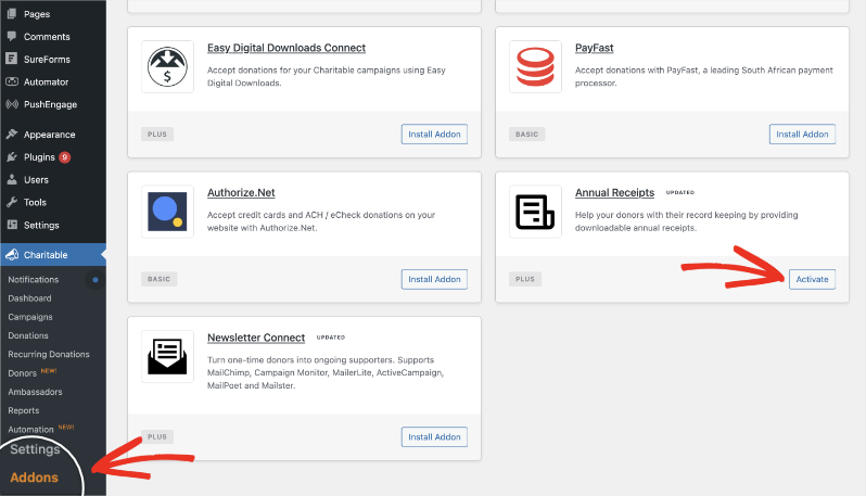 Add-on für Jahresquittungen aktivieren | Charitable Add-on für Jahresquittungen aktivieren