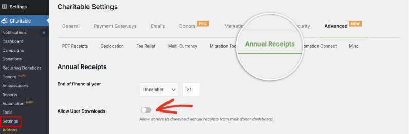 Einstellungsseite für Jahresquittungen | Charitable Einstellungsseite für Jahresquittungen