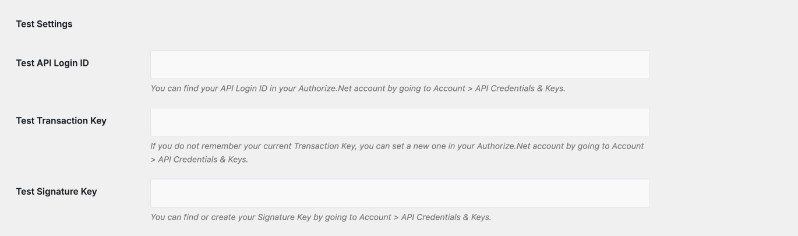 claves de prueba authorize net | Charitable Sección de Configuración de prueba de la configuración de la pasarela Authorize.Net, con campos para el ID de inicio de sesión de la API de prueba, la Clave de transacción y la Clave de firma