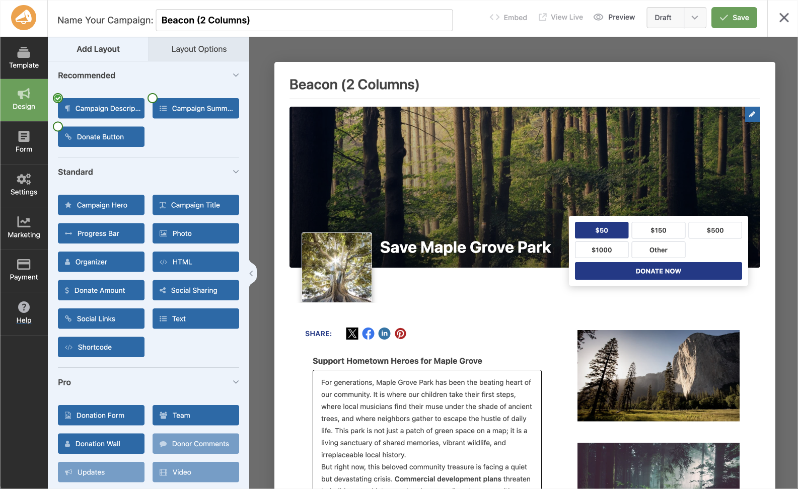 Campaign editor showing a Beacon (2 Columns) layout with a forest hero image and donation popup overlay