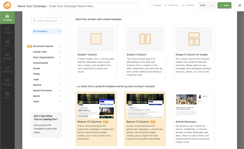 UI mockup of a campaign builder with template categories on the left and sample templates grid, and a'Name Your Campaign' field at top.