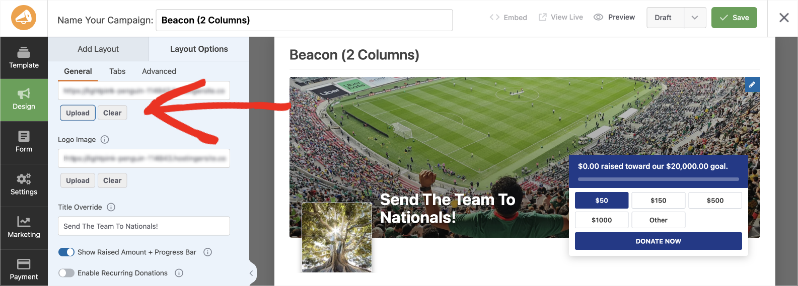 Campaign design editor: left options panel, main preview shows a soccer stadium hero image with overlay text and a donation widget.