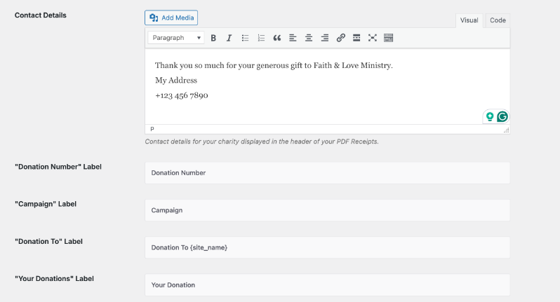 WordPress admin: Contact Details form with a rich text message and fields for Donation Number, Campaign, Donation To, and Your Donations.