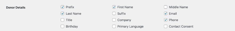 Donor Details settings: selected fields are Prefix, First Name, Last Name, Email, and Phone; other fields are unselected.