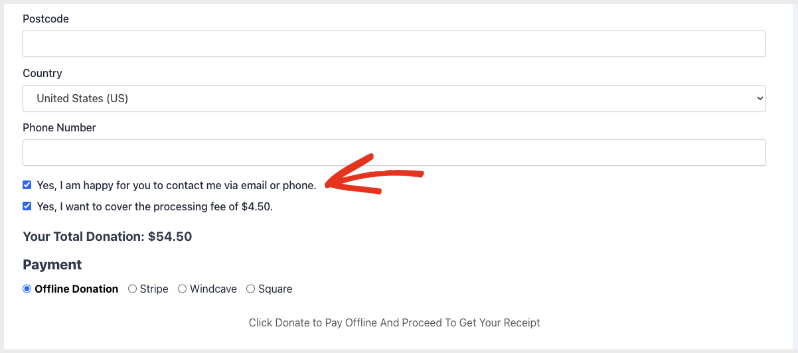 Case à cocher d'opt-in du donateur affichée sur un formulaire de don Charitable