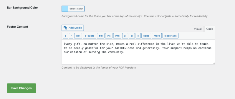 Admin page to customize PDF receipt footer: color picker, Add Media button, BBCode toolbar, and sample gift message with a Save Changes button.