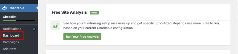 kostenlose Website-Analyse im Charitable-Dashboard | Charitable Karte für kostenlose Website-Analyse im Charitable-Dashboard