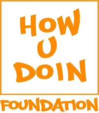 Logo for the How Doin Foundation with orange stylized text on a black background and an orange border.
