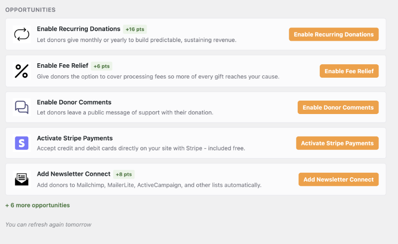 Opportunities-Abschnitt in der Website-Analyse | Charitable Abschnitt „Opportunities“ im Website-Analyse-Bericht