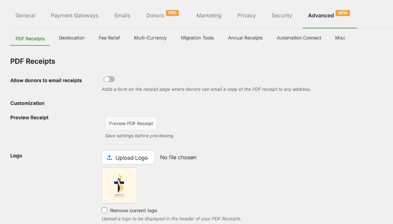 Advanced PDF Receipts settings screen with toggle to email receipts, Preview Receipt button, and logo upload area showing a current logo.