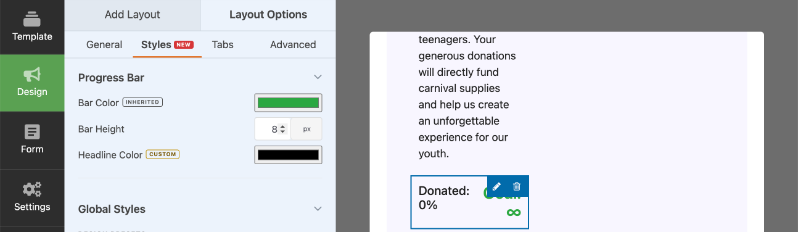 Progress bar in styles tab | Charitable Progress bar in styles tab