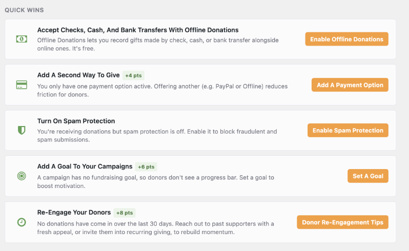 quick wins in site analysis | Charitable Quick Wins section in the Site Analysis report, showing prioritized recommendations