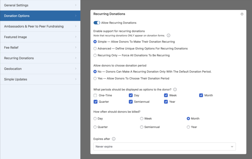 Recurring donations settings page | Charitable Recurring donations settings page