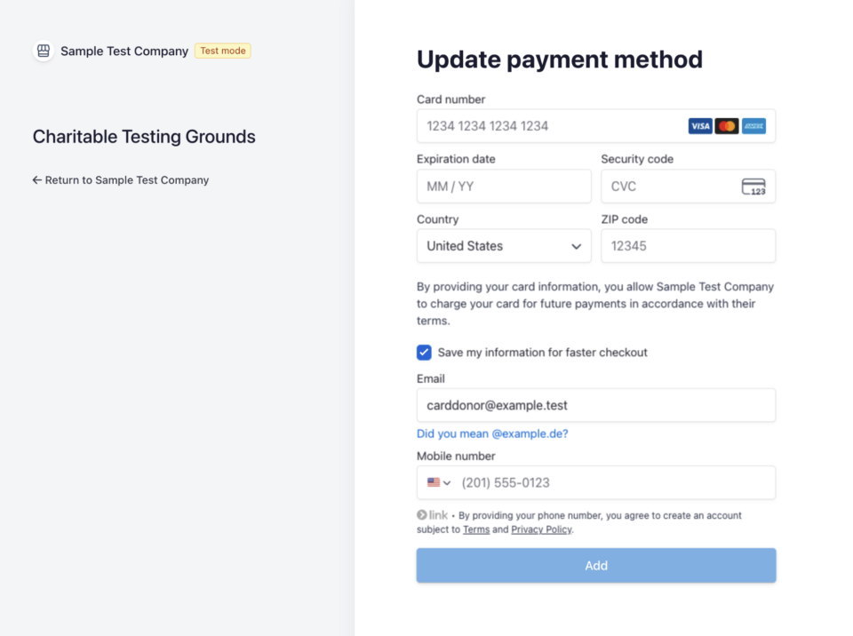 Split-screen UI: left pane shows 'Charitable Testing Grounds' with a 'Return to Sample Test Company' link; right pane displays a form titled 'Update payment method' with card number, expiration date, security code, country, ZIP, and a large 'Add' button.