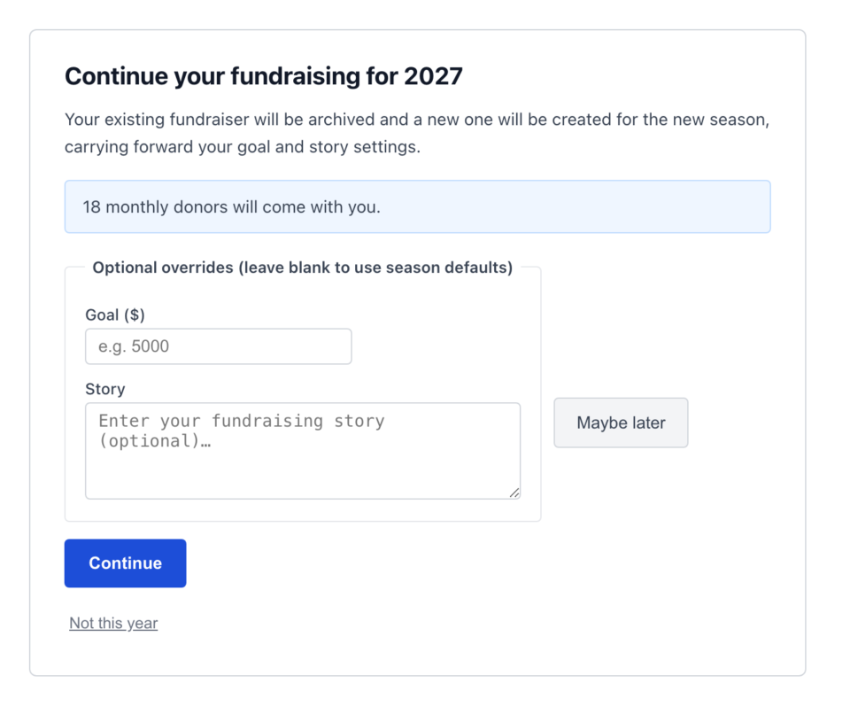 season-continue-screen | Charitable A fundraiser's continue screen for the new season, showing their existing goal, story, and a note that 18 monthly donors will come with them.
