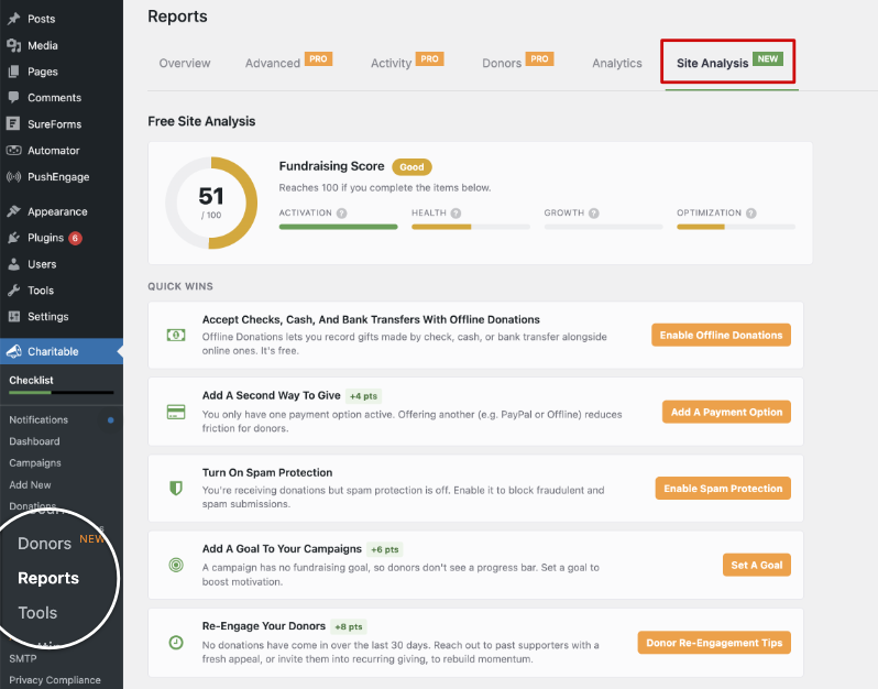 site analysis in reports tab | Charitable Site Analysis report accessed from the Reports tab in Charitable