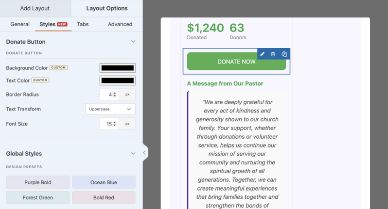 Styles tab in charitable button | Charitable Styles tab in charitable button