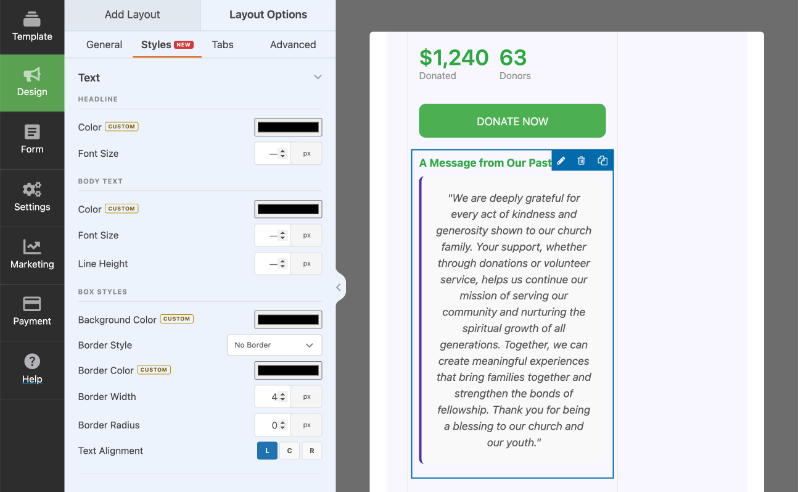 Text in styles tab | Charitable Design tool UI on left; donation page preview on right shows alt=