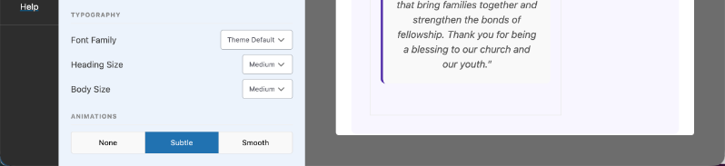 Typography styles | Charitable Screenshot of a typography settings panel on the left with Font Family, Heading Size, Body Size, and Animations options; a quote card preview sits on the right.