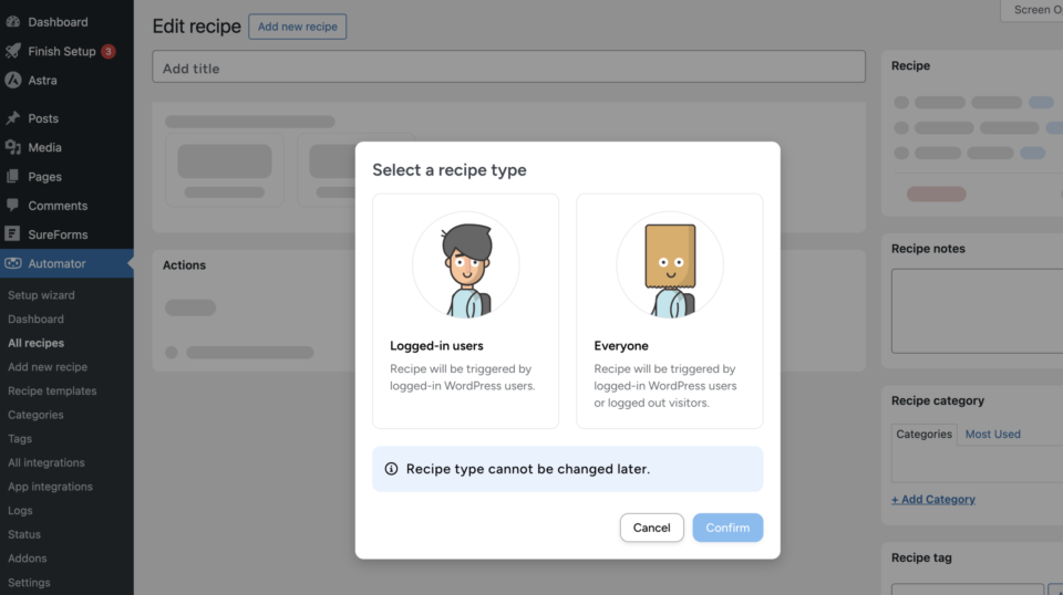 Modal dialog titled'Select a recipe type' offering two choices: Logged-in users or Everyone.