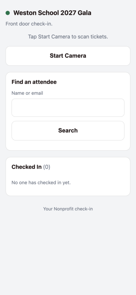 01-scanner-phone | Charitable Check-in app screen for Weston School 2027 Gala with Start Camera button, Find an attendee form, and 0 checked in.