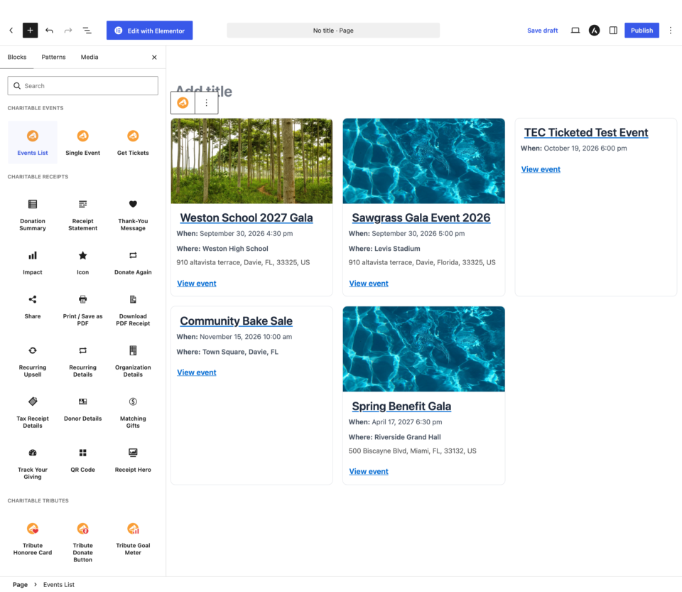 02-events-list | Charitable Event listing page with cards for Weston School 2027 Gala, Sawgrass Gala Event 2026, and TEC Ticketed Test Event showing dates and locations