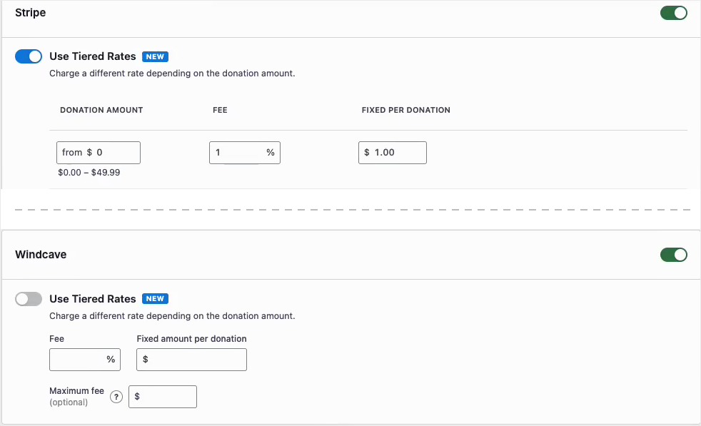 05-fee-relief-per-gateway | Charitable Stripe fonctionnant avec des taux par paliers tandis que la passerelle Windcave en dessous a Utiliser les taux par paliers désactivé et conserve un champ Frais, un champ montant fixe et ses propres frais maximum