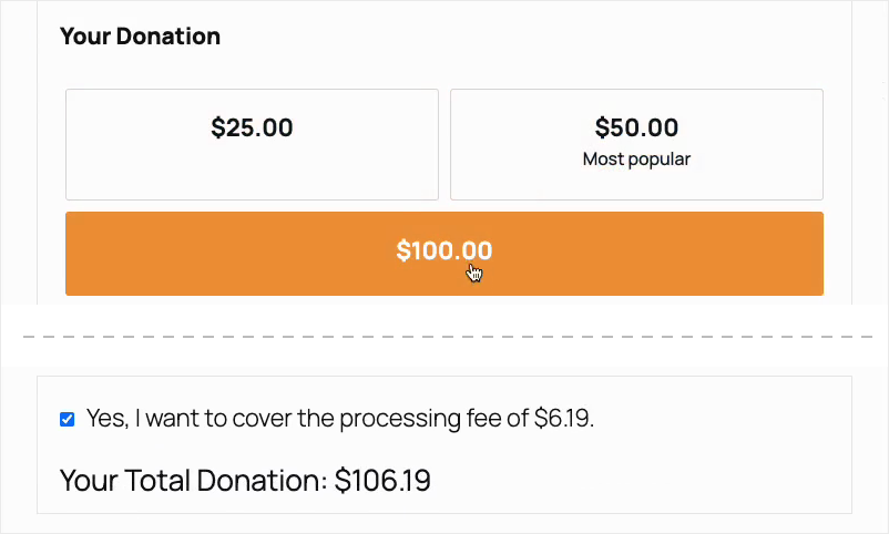 07-fee-relief-donor-form-100 | Caritatif Le même formulaire de don Charitable avec 0 sélectionné, demandant maintenant au donateur de couvrir des frais de traitement de .19 pour un don total de 6.19