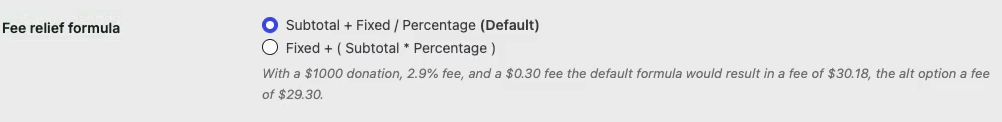 10-fee-relief-formula | Caritatif Le paramètre de la formule de réduction des frais avec ses 2 options et la note calculant 0,18 sous le mode par défaut et 0,30 sous l'alternative