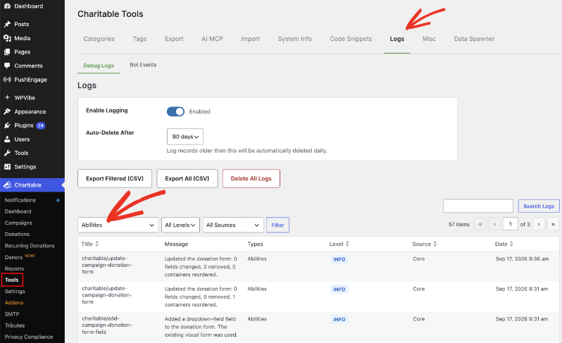The Charitable Tools Logs screen with the filter set to Abilities, listing donation form changes an assistant made, each with its message, level, source and date