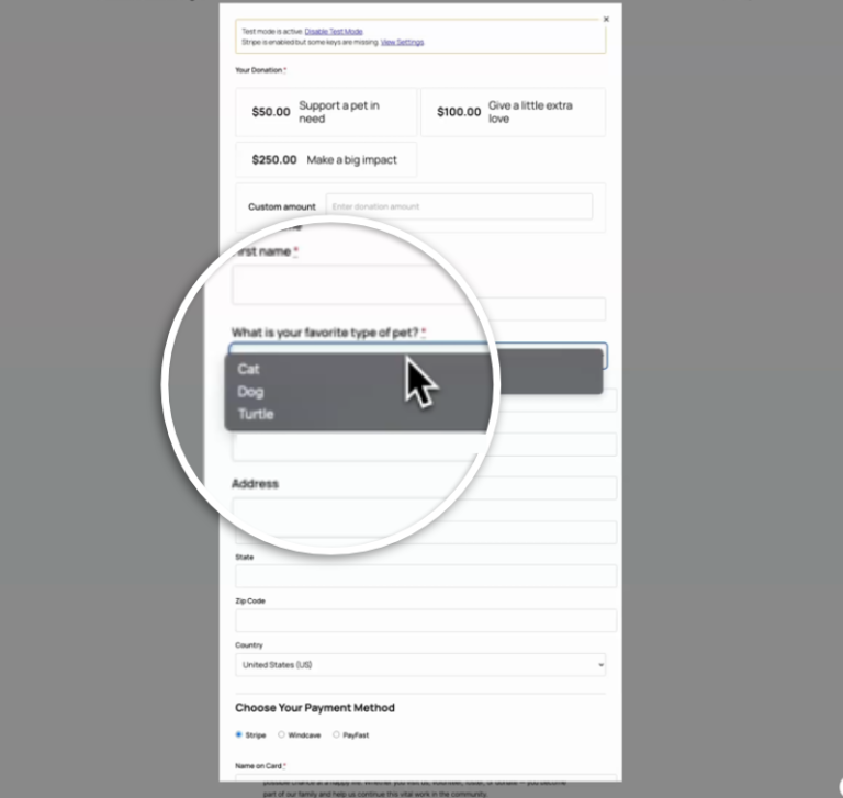 A donation form on the front end showing the required dropdown question an AI assistant added and then moved