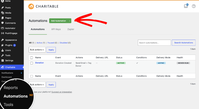 add automation | Charitable Charitable Automations screen with the Add Automation button highlighted