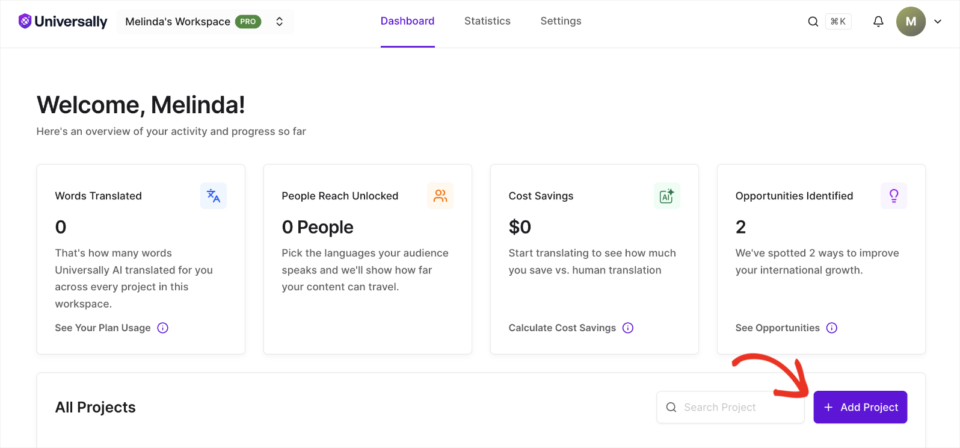 add project in universally dashboard | Charitable The Universally dashboard with the Add Project button highlighted in the All Projects panel