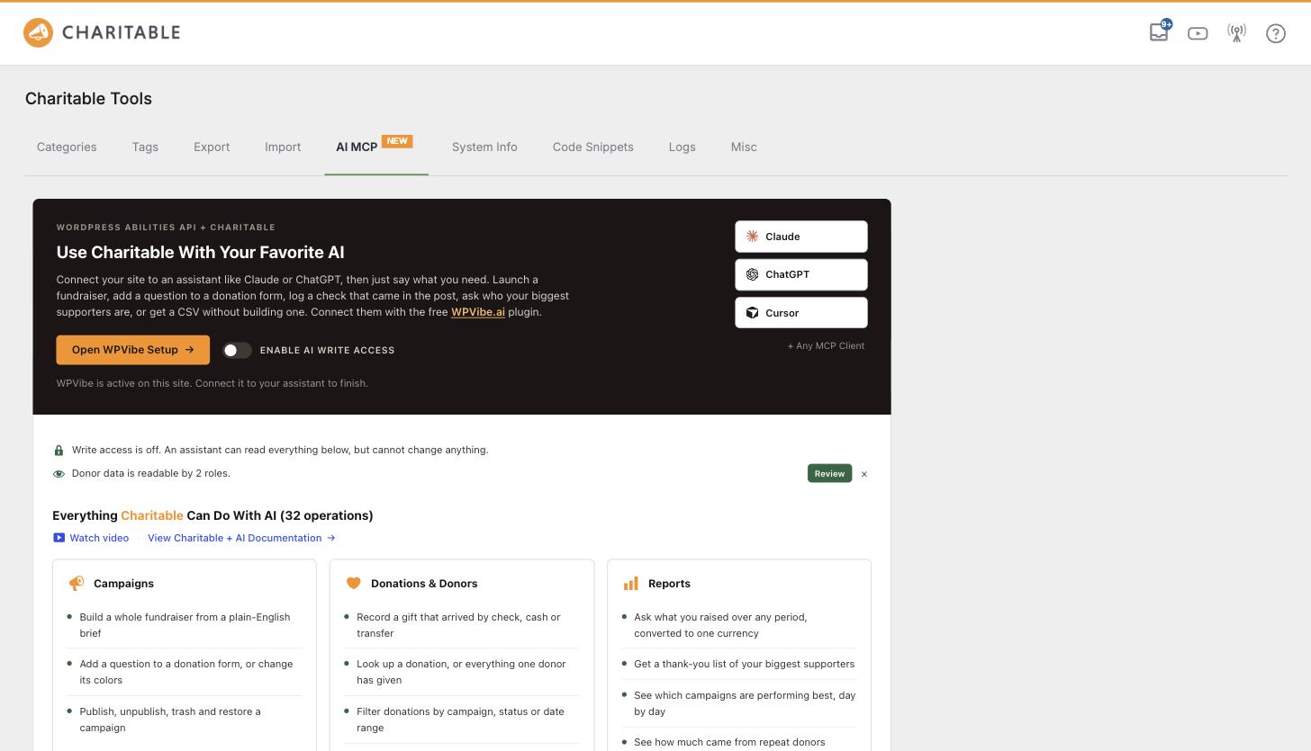 The Charitable Tools AI MCP screen with the WPVibe setup button, the Enable AI Write Access switch and the list of what Charitable can do with AI