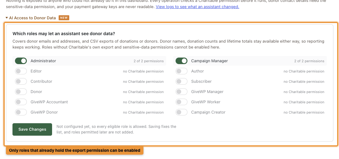 The AI Access to Donor Data setting in Charitable, with Administrator and Campaign Manager switched on and other roles greyed out