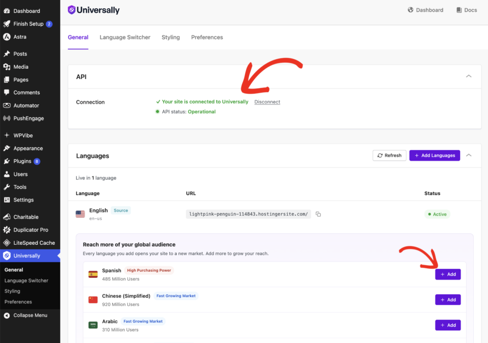api connected | Charitable The Universally General settings screen in WordPress confirming the site is connected, with the Languages panel below it