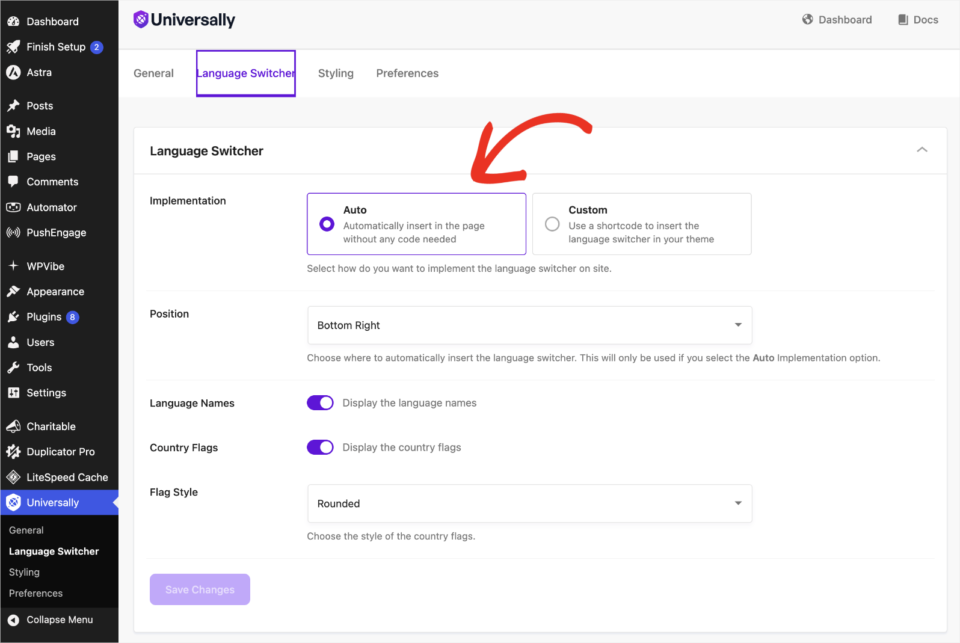 auto language switcher | Charitable The Universally Language Switcher settings with Auto implementation selected and the position set to Bottom Right