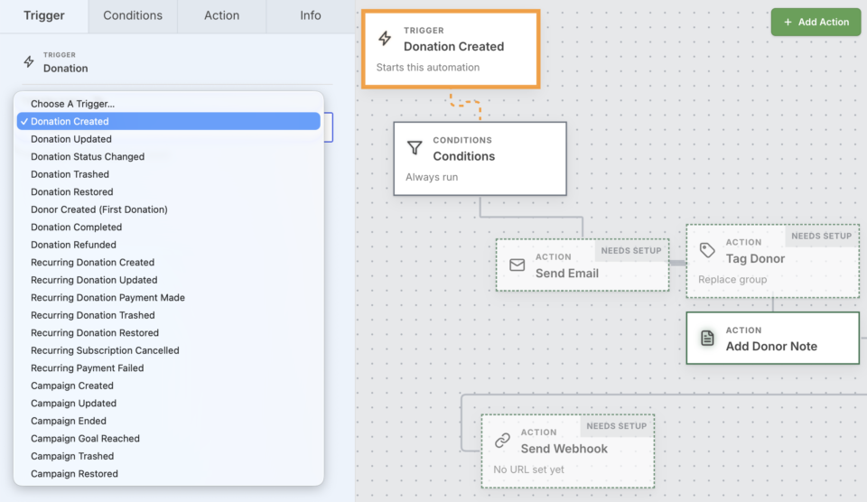 automation builder | Charitable The Visual Automation Builder canvas in Charitable, showing a trigger card connected to condition and action cards