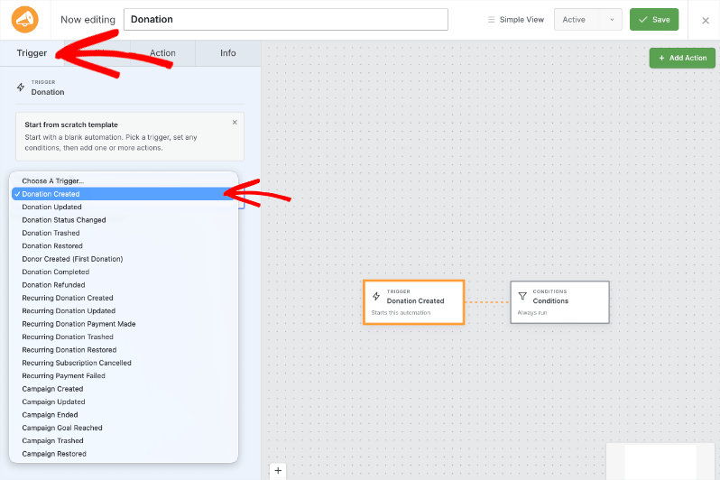 automation trigger | Charitable Flow automation editor with'Donation Created' trigger selected on the left and a simple conditions step on the canvas.