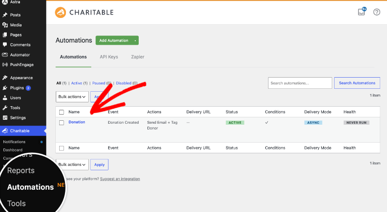 automations created | Charitable Charitable Automations list showing a saved automation with an Active status