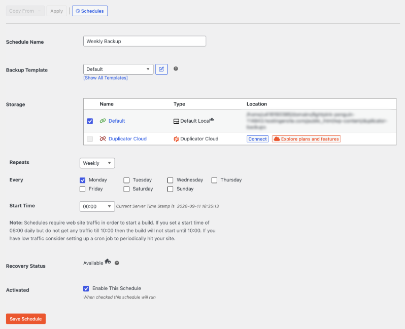 backup schedule settings | Charitable Duplicator backup schedule settings showing a weekly Monday backup