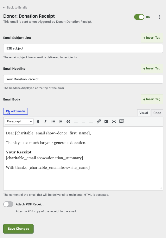 charitable-1-8-18-email-manager-detail-edit | Charitable Editor de plantillas de correo para Donante: Recibo de donación con campos de asunto, titular y cuerpo que incluyen etiquetas de combinación.