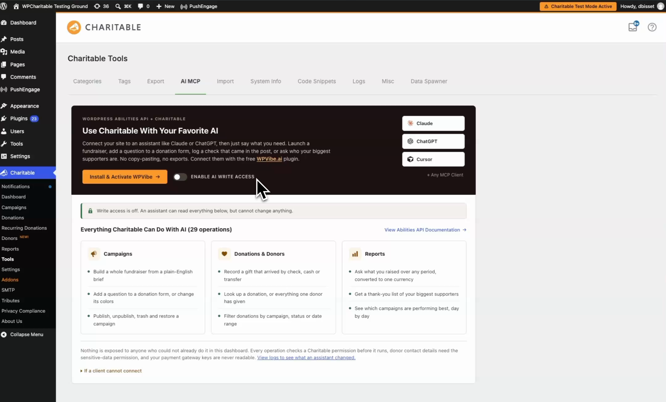 The Charitable Tools AI MCP screen headed Use Charitable With Your Favorite AI, listing what Charitable can do with AI across campaigns, donations and donors, and reports, with write access switched off