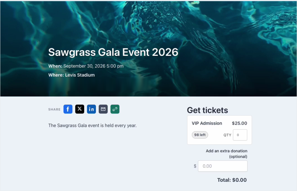 charitable-events-01-hero-event-page | Charitable A Charitable event page for the Sawgrass Gala Event 2026 with a full-width image banner, the date and venue, share buttons and a Get Tickets box for VIP Admission at